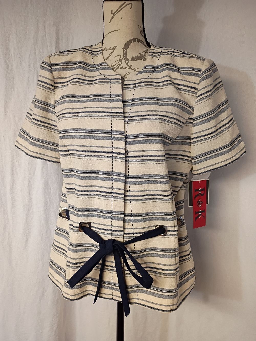 Navy Stripe Tie-Front Short Sleeve Top R&K Originals Vintage Women’s Jacket Sz10
